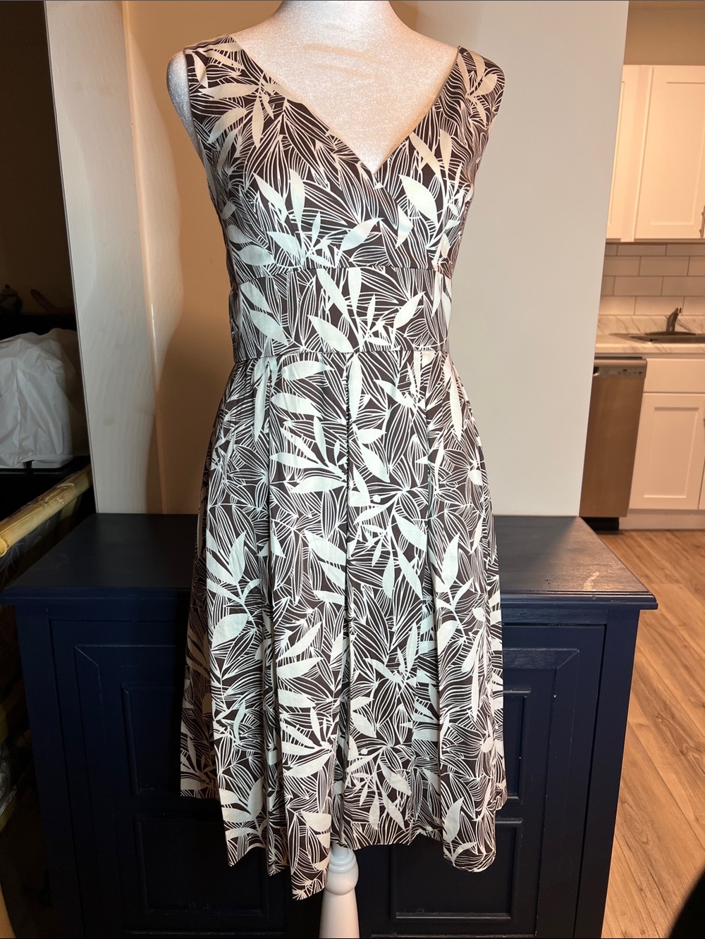Van Heusen Brown and Cream Leaf-Print V-Neck Midi Dress